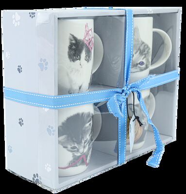 Set of 4 Cute Cat Pattern Ceramic Mugs