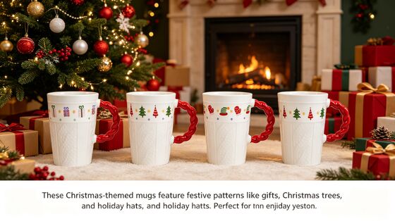 Christmas Ceramic Mugs Set of 4, Festive Twist Handle Coffee Cups for Holiday Hot Chocolate, Tea & Beverages