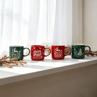 Christmas Embossed Reindeer & Tree Ceramic Mug Set of 4