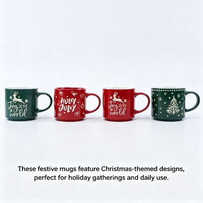 Christmas Embossed Reindeer & Tree Ceramic Mug Set of 4