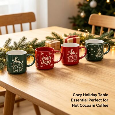 Christmas Embossed Reindeer & Tree Ceramic Mug Set of 4