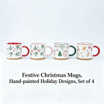 Christmas Ceramic Mugs Set of 4, 15oz Festive Holiday Coffee Cups
