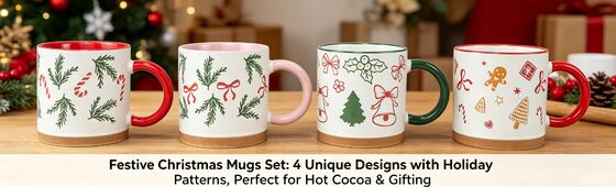 Christmas Ceramic Mugs Set of 4, 15oz Festive Holiday Coffee Cups