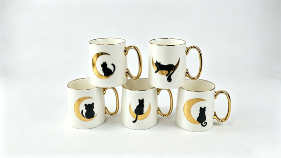 Elegant Golden Crescent Moon & Black Cat Ceramic Coffee Mug with Gold Handle