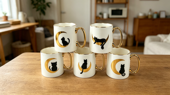 Elegant Golden Crescent Moon & Black Cat Ceramic Coffee Mug with Gold Handle