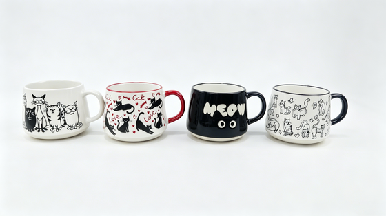 4-Pack Adorable Cat Pattern Speckled Ceramic Coffee Mugs, Cute Kitty Themed Drink Cups for Cat Lovers