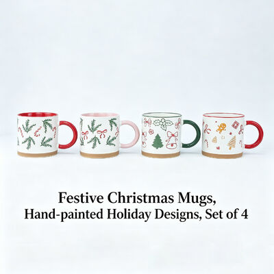 Christmas Ceramic Mugs Set of 4, 15oz Festive Holiday Coffee Cups