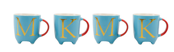 Color Block Gold Monogram Ceramic Mug, Light Blue Three-Legged Base Initial Letter Coffee Cup with Red Handle
