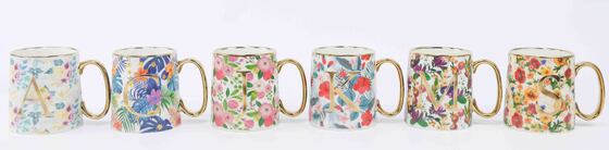 Personalized Gold Monogram Floral Ceramic Mug, Tropical Botanical Initial Letter Coffee Cup with Gold Rim & Handle