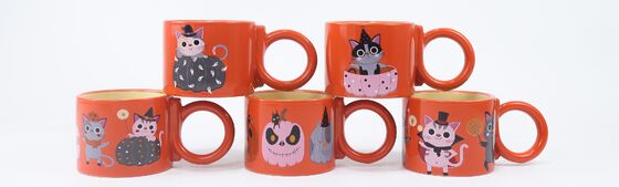 Cute Halloween Witch Cat Pumpkin Ceramic Mug Set, Orange Chunky Big Round Handle Spooky Kitten Holiday Coffee Cups
