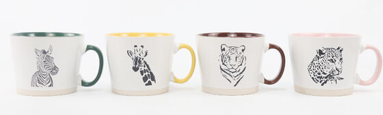 Minimal Safari Wild Animal Ceramic Mug 4-Piece Set, Two-Tone Rim Jungle Animal Sketch Coffee Cups