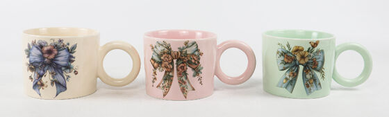 Coquette Floral Bow & Spring Bunny Ceramic Mug Series, Vintage Watercolor Pastel Coffee Cups with Chunky Round Handle