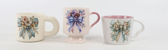 Coquette Floral Bow & Spring Bunny Ceramic Mug Series, Vintage Watercolor Pastel Coffee Cups with Chunky Round Handle