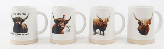 Rustic Highland Cow Ceramic Mug 4-Piece Set, Farmhouse Cow Art Love Quote Coffee Mugs with Natural Clay Base