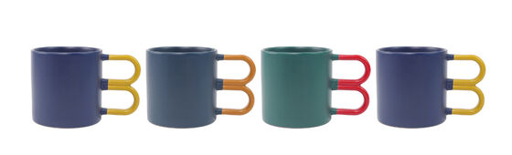 Modern Minimalist B-Shaped Dual Loop Handle Matte Ceramic Mug Set, Color Block Contrast Geometric Coffee Cups