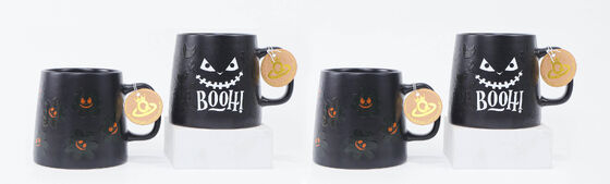 Halloween Matte Black Embossed Ceramic Mug Set, Spooky Boo Ghost Face & Pumpkin Flower Gothic Coffee Cups