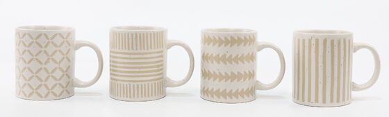 Neutral Boho Speckled Ceramic Mug & Bowl Set, Minimalist Beige Geometric Pattern Earth Tone Drinkware Collection