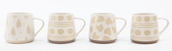Neutral Boho Speckled Ceramic Mug & Bowl Set, Minimalist Beige Geometric Pattern Earth Tone Drinkware Collection