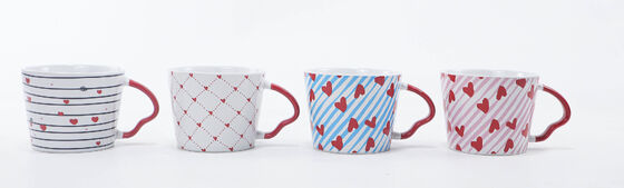 Valentine Heart Pattern Ceramic Mug Set with Red Curved Handle, 4-Piece Romantic Love Themed Coffee Cup Collection