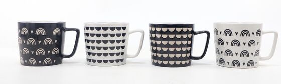 Boho Black & White Geometric Ceramic Mug Set, 4 Minimalist Rainbow & Scale Pattern Coffee Mugs