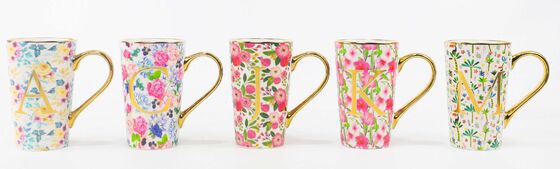 Floral Gold Monogram Initial Ceramic Mugs with Golden Handle