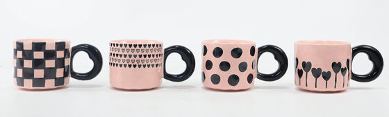 Pink Base Black Pattern Heart Handle Ceramic Mugs