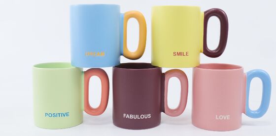 Two-Tone Chunky Handle Positive Word Ceramic Mugs