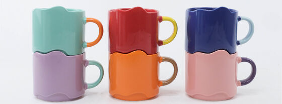 Color Block Wavy Rim Stackable Ceramic Mugs