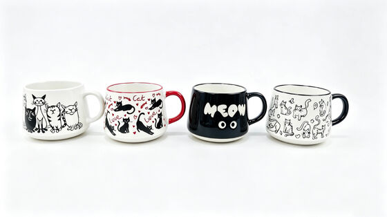 4-Pack Adorable Cat Pattern Speckled Ceramic Coffee Mugs, Cute Kitty Themed Drink Cups for Cat Lovers