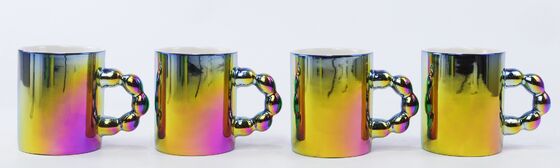 Iridescent Rainbow Metallic Bubble Loop Handle Ceramic Mug Set of 4