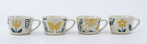Speckled Yellow Botanical & Butterfly Ceramic Mug Set (4 Nature Art Designs)