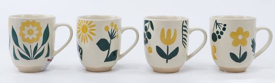 Speckled Yellow Botanical & Butterfly Ceramic Mug Set (4 Nature Art Designs)