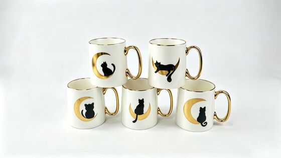 Elegant Golden Crescent Moon & Black Cat Ceramic Coffee Mug with Gold Handle