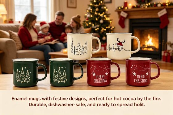 Christmas Festive Enamel Style Ceramic Mugs Set