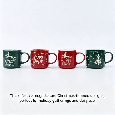 Christmas Embossed Reindeer & Tree Ceramic Mug Set of 4