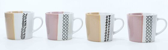 Two-Tone Hand Drawn Geometric Pattern Ceramic Coffee Mugs, Modern Abstract Strip Triangle Dot Stoneware Tea Cups