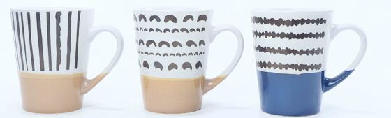 Two-Tone Hand Drawn Geometric Pattern Ceramic Coffee Mugs, Modern Abstract Strip Triangle Dot Stoneware Tea Cups