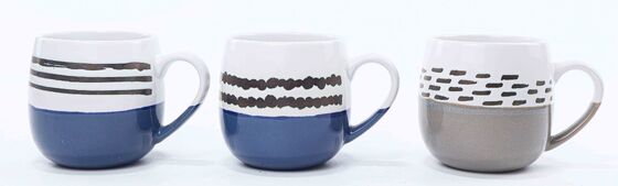 Two-Tone Hand Drawn Geometric Pattern Ceramic Coffee Mugs, Modern Abstract Strip Triangle Dot Stoneware Tea Cups