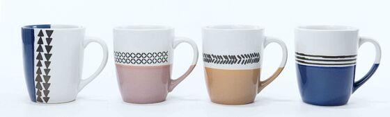 Two-Tone Hand Drawn Geometric Pattern Ceramic Coffee Mugs, Modern Abstract Strip Triangle Dot Stoneware Tea Cups