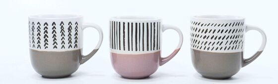 Two-Tone Hand Drawn Geometric Pattern Ceramic Coffee Mugs, Modern Abstract Strip Triangle Dot Stoneware Tea Cups