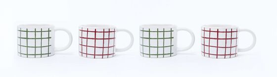 Hand Drawn Red & Green Grid Plaid Ceramic Coffee Mugs, Minimalist Farmhouse Striped Tea Cups
