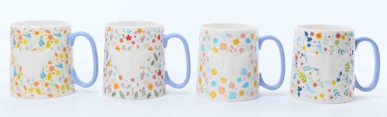 Embossed Wildflower Ceramic Mug with Blue Handle