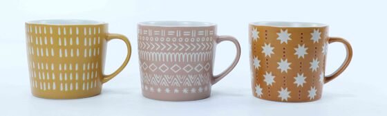 Embossed Boho Geometric & Floral Ceramic Coffee Mug Collection