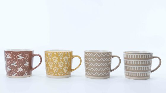 Embossed Boho Geometric & Floral Ceramic Coffee Mug Collection