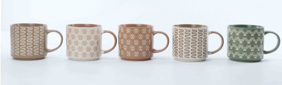 Embossed Boho Geometric & Floral Ceramic Coffee Mug Collection