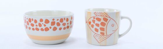 Cute Hand-Drawn Orange Fish Ceramic Mug & Bowl Matching Set