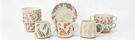 Speckled Botanical Leaf Ceramic Tableware Set (Mugs, Bowls & Plates)