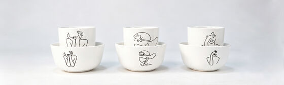 Minimalist Line Art Ceramic Bowl & Cup Nesting Set
