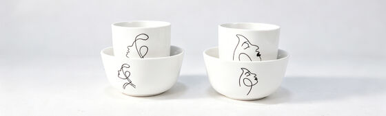 Minimalist Line Art Ceramic Bowl & Cup Nesting Set