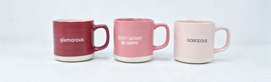 wo-Tone Hand-Thrown Ceramic Slogan Coffee Mug Set, Matte Color Block Breakfast Drinking Cups